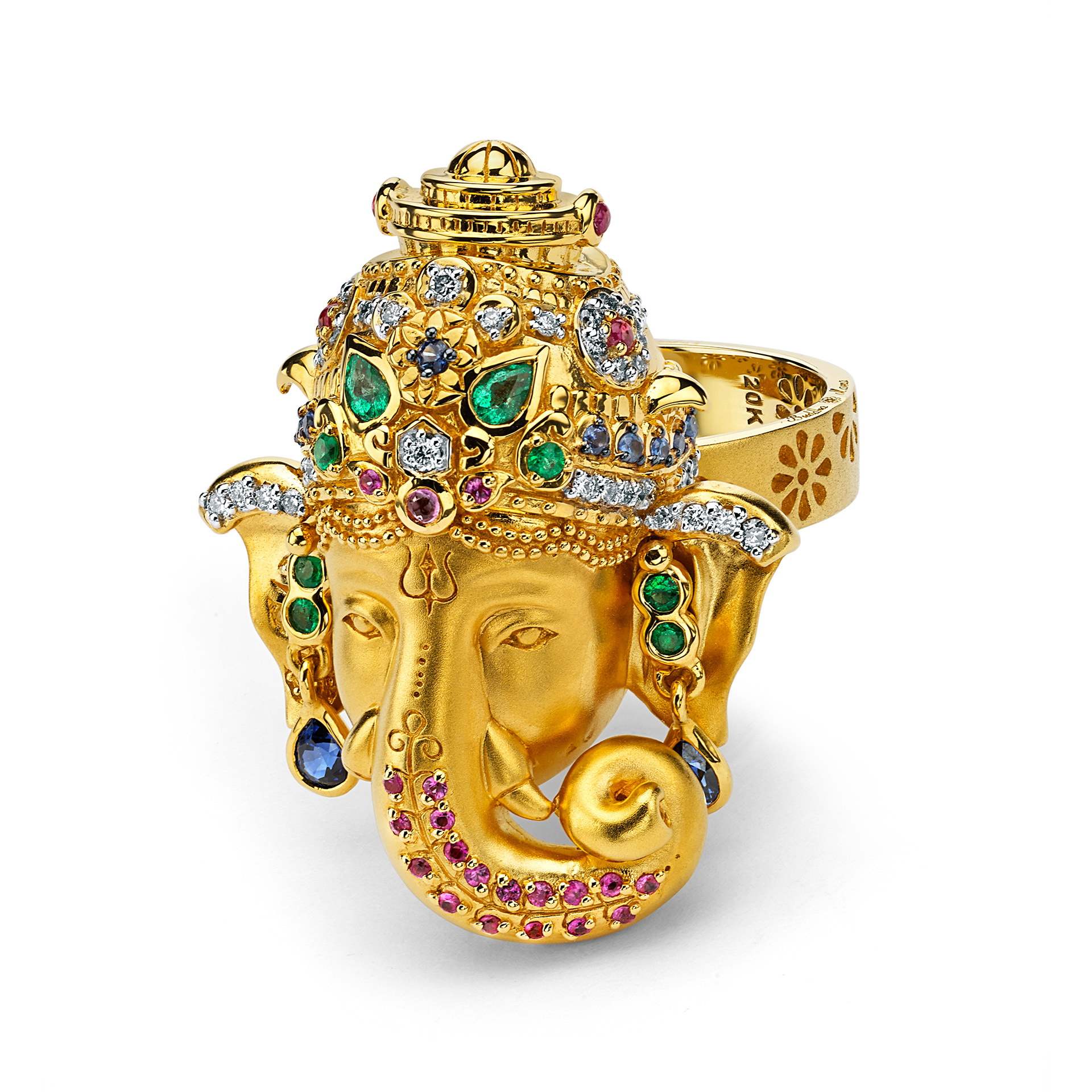 GOLD GANESHA RING WITH DIAMONDS, SAPPHIRE AND EMERALDS | Buddha Mama